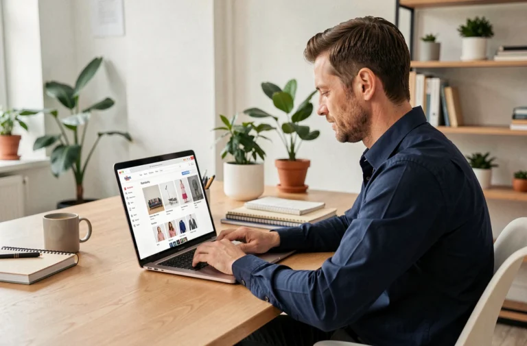Entrepreneur consultant devant un écran affichant le lancement d'une nouvelle plateforme e-commerce Eyozi