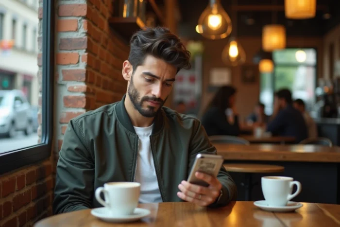 Homme lisant des mangas en ligne sur smartphone dans un café urbain avec une application de lecture de scans
