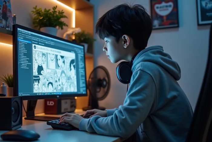 Adolescent lisant des scans de manga sur ordinateur de bureau avec interface de plateforme de lecture visible