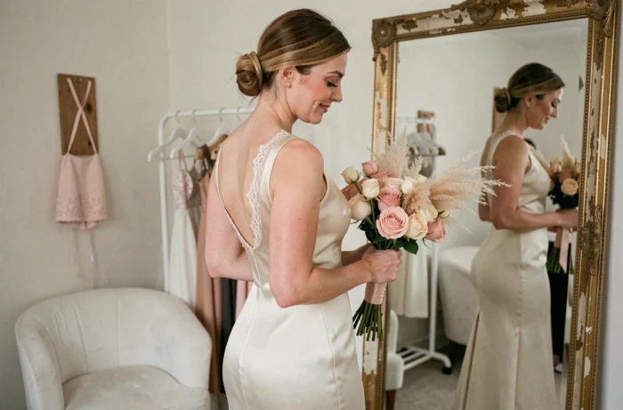 Mariée tenant son bouquet de roses et contemplant le grand jour dans une loge habillage vintage