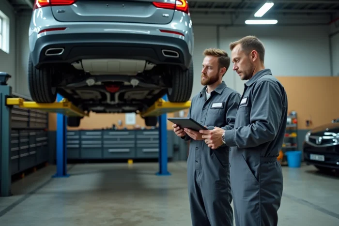 Mécaniciens experts inspectant un véhicule surélevé dans un atelier automobile professionnel