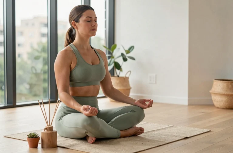 Femme en méditation sur un tapis de yoga dans un appartement minimaliste lumineux, tendance bien-être 2024