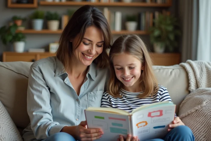 Mère et fille assises ensemble sur le canapé consultant un carnet de planification familiale, symbolisant la communication et l'organisation au sein de la famille