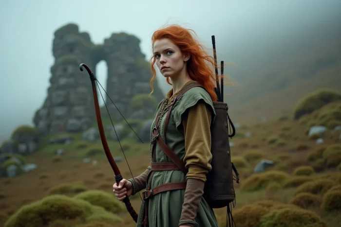Jeune femme rousse en tenue médiévale celtique tenant un arc dans une forêt écossaise brumeuse, évoquant Merida de Rebelle