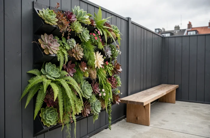 Mur végétal vertical moderne dans un jardin urbain avec succulentes, fougères et plantes fleuries en pots modulaires
