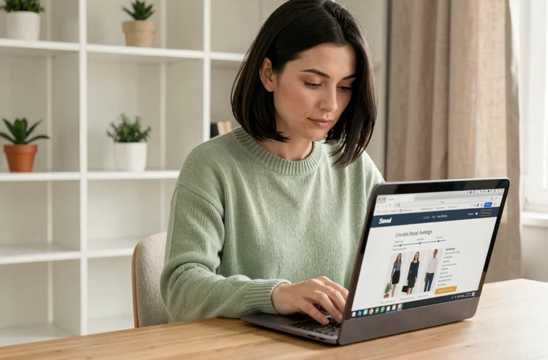 Femme naviguant sur le plan du site modeforyou.fr depuis un bureau minimaliste à domicile