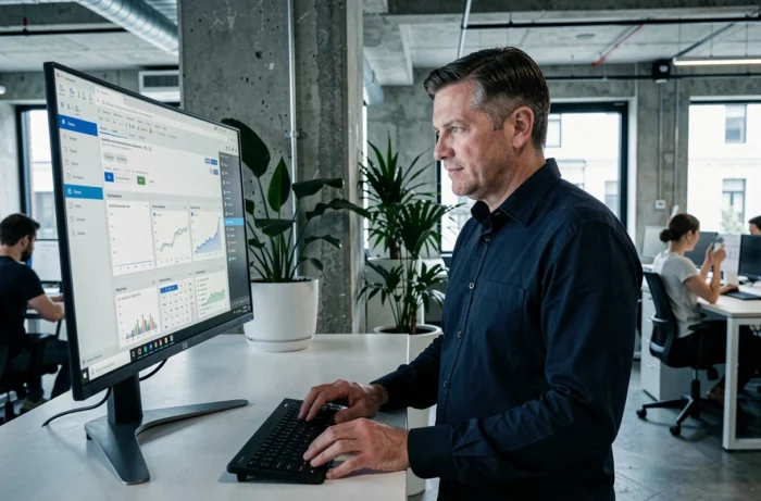 Homme consultant plusieurs pages d'un site web sur un grand écran dans un espace de coworking moderne