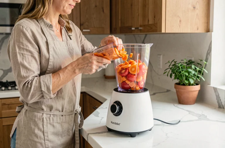Femme préparant une soupe de légumes avec un NutriBullet chauffant dans une cuisine moderne