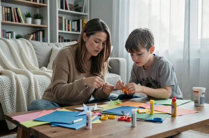 Mère et son fils faisant de l'origami ensemble dans un salon confortable, activité créative en famille pour renforcer les liens au quotidien