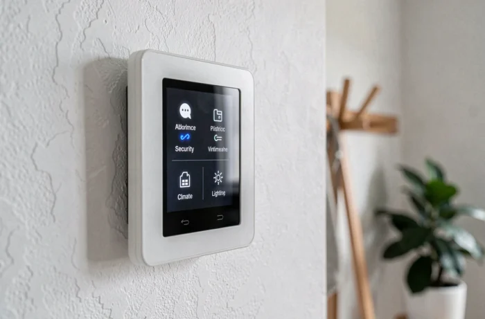Panneau de contrôle domotique connecté installé sur un mur dans un couloir moderne