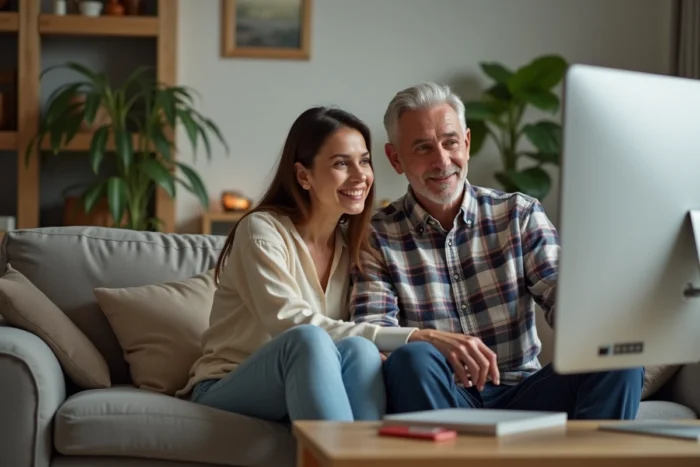 Couple de parents consultant ensemble un espace familles en ligne pour s'inscrire à une formation