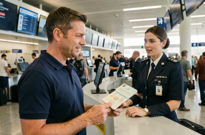Père présentant le passeport de son enfant mineur à un comptoir d'enregistrement dans un aéroport international