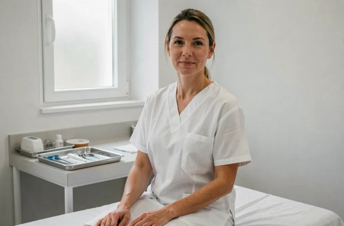 Patiente en consultation préopératoire pour une abdominoplastie dans une clinique privée