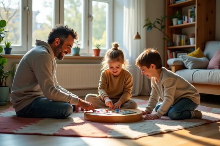 Père jouant à un jeu de société avec ses deux enfants sur un tapis coloré dans un espace familial chaleureux, illustrant des moments de partage et de complicité en famille