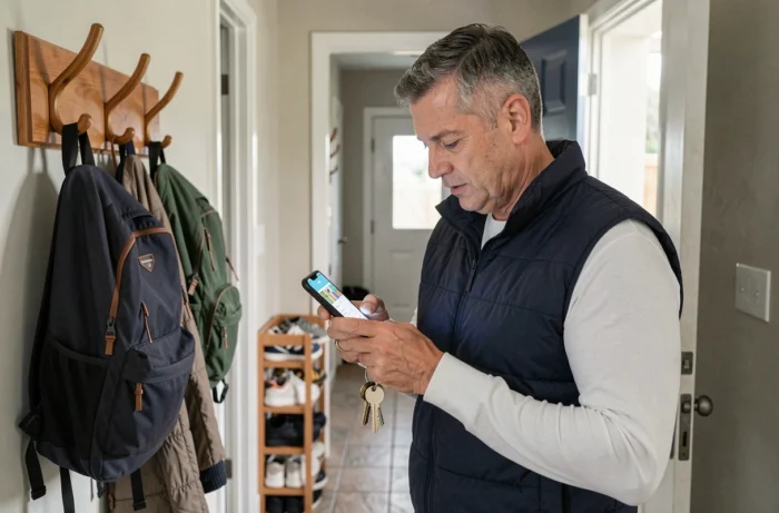 Père de famille consultant l'application Family Wall sur son téléphone dans l'entrée de sa maison