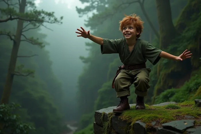 Adolescent aux cheveux auburn ébouriffés en tunique verte sur un rebord de pierre dans une forêt brumeuse, évoquant Peter Pan