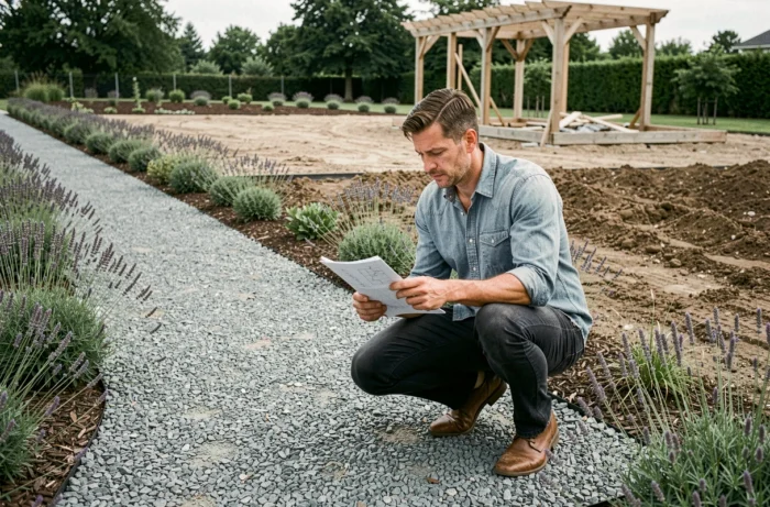 Homme planifiant l'aménagement paysager de son jardin le long d'une allée en gravier bordée de lavande
