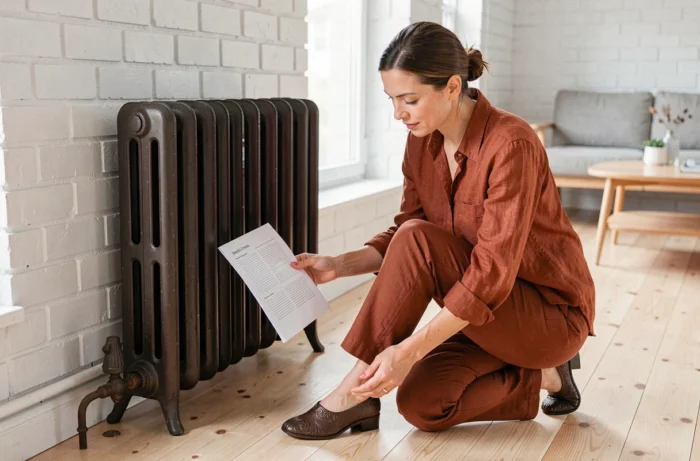 Femme consultant une notice pour poser un pied de radiateur fonte sans percer dans un salon scandinave