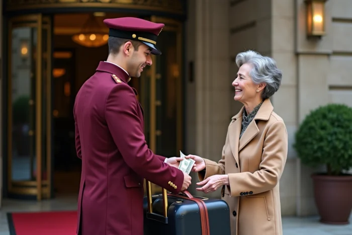 Groom d'hôtel 5 étoiles recevant un pourboire d'une cliente élégante à l'entrée de l'établissement