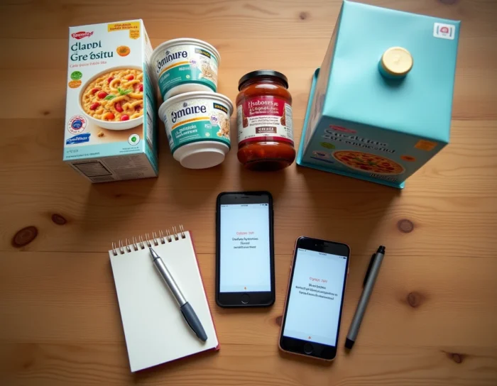 Vue aérienne de produits alimentaires Carrefour substitués posés sur une table en bois avec smartphone affichant une notification de remplacement