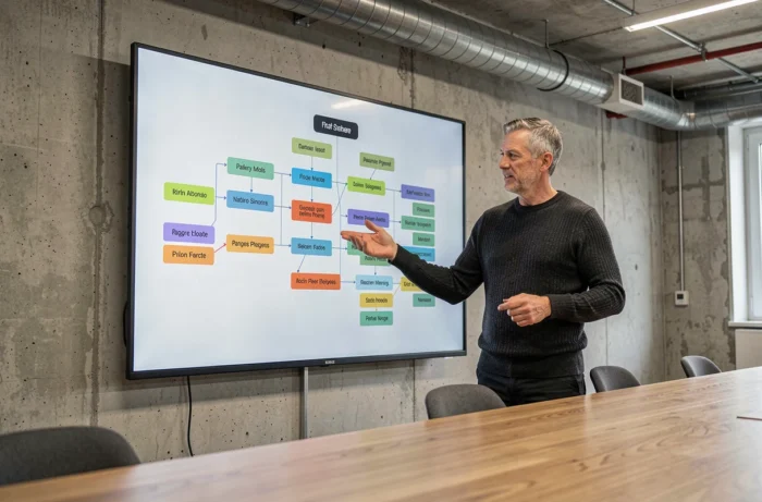 Professionnel présentant une architecture de plan de site sur grand écran dans un studio de design UX