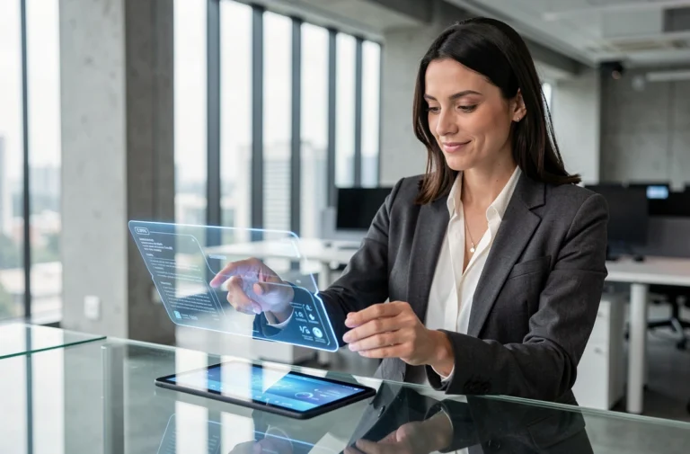Une professionnelle en blazer interagissant avec une interface de réalité augmentée dans un bureau technologique moderne