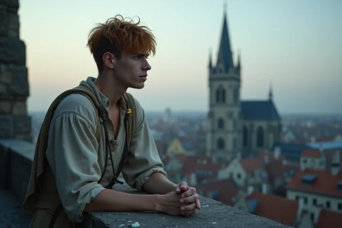 Jeune homme aux cheveux auburn assis sur un parapet de pierre devant une cathédrale gothique, évoquant Quasimodo du Bossu de Notre-Dame