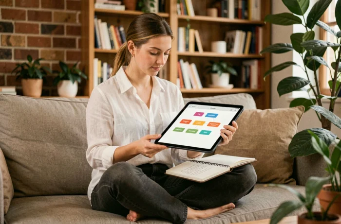 Jeune rédactrice web travaillant sur une stratégie de cocon sémantique depuis son bureau à domicile