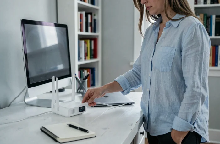 Femme débranchant le câble d'alimentation d'une Freebox Delta pour la redémarrer dans un bureau à domicile