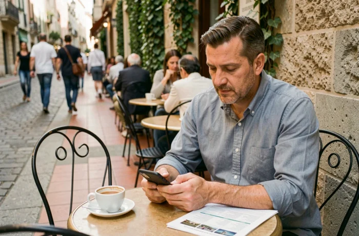Homme réservant un hôtel sur son smartphone depuis une terrasse de café en ville