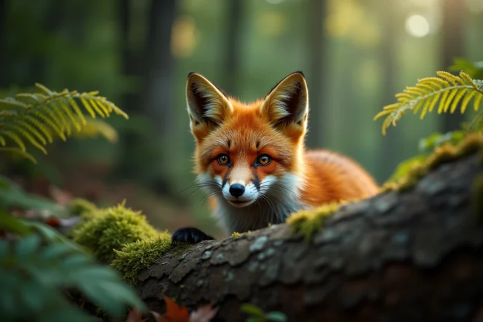 Renardeau au pelage cuivré roux regardant curieusement derrière un tronc moussu dans une forêt dense, évoquant Rox de Rox et Rouky