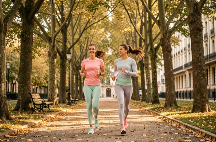 Deux femmes en train de courir dans un parc urbain en automne, tendances sport et bien-être en plein air