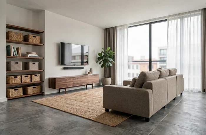 Salon moderne équipé avec mobilier modulable, télévision murale et rangements décoratifs pour une maison contemporaine
