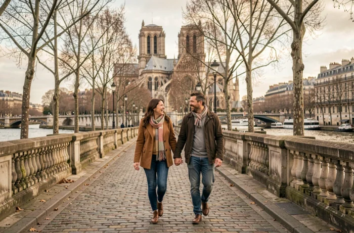 Couple se promenant romantiquement au bord de la Seine à Paris, évoquant la vie de couple et l'intimité de Samantha de Bendern