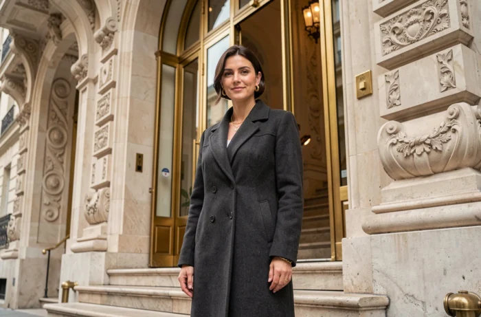Femme élégante devant un immeuble haussmannien parisien, illustrant le style de vie raffiné et la personnalité publique de Samantha de Bendern