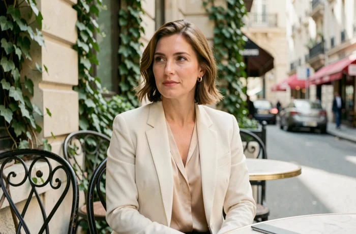 Portrait élégant d'une femme confiante à une terrasse de café parisienne, illustrant la vie privée et le style de Samantha de Bendern