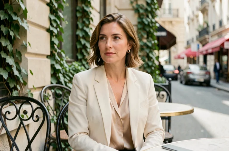 Portrait élégant d'une femme confiante à une terrasse de café parisienne, illustrant la vie privée et le style de Samantha de Bendern