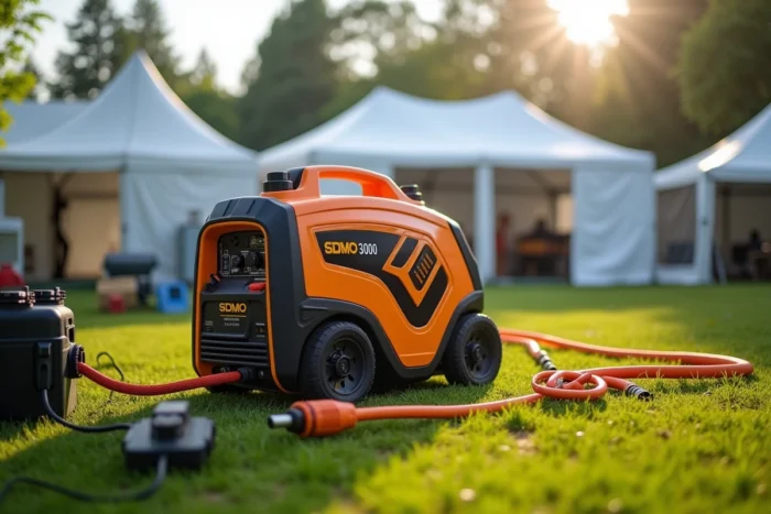 Groupe électrogène SDMO Phoenix 3000 alimentant des outils lors d'un événement en plein air