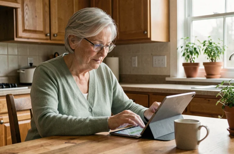Une femme senior utilisant une tablette numérique dans sa cuisine pour améliorer son quotidien grâce à des solutions technologiques personnalisées