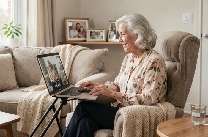 Une femme âgée en téléconsultation depuis son salon, bénéficiant d'une solution numérique innovante adaptée aux besoins des seniors à domicile