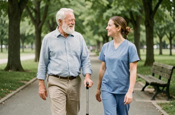 Un homme senior se promenant dans un parc avec une aide-soignante, illustrant l'accompagnement personnalisé pour améliorer le quotidien des personnes âgées