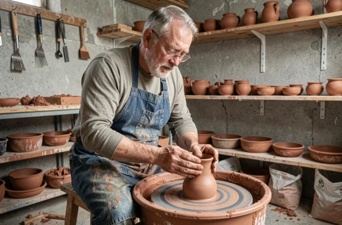 Senior homme pratiquant la poterie dans un atelier artisanal, activité créative et épanouissante pour les retraités