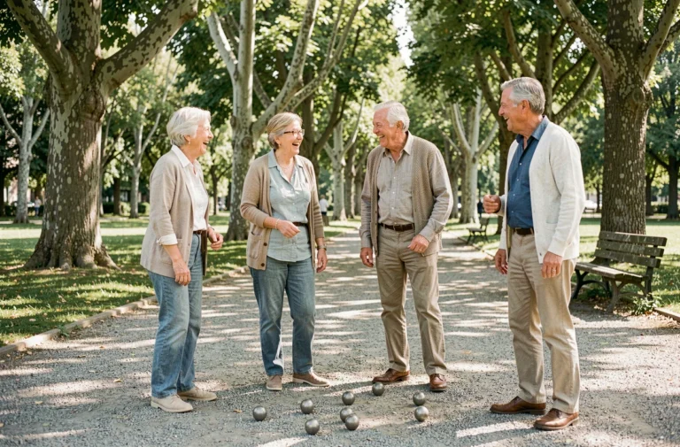 Groupe de seniors joyeux jouant à la pétanque dans un parc, activité de plein air conviviale à la retraite