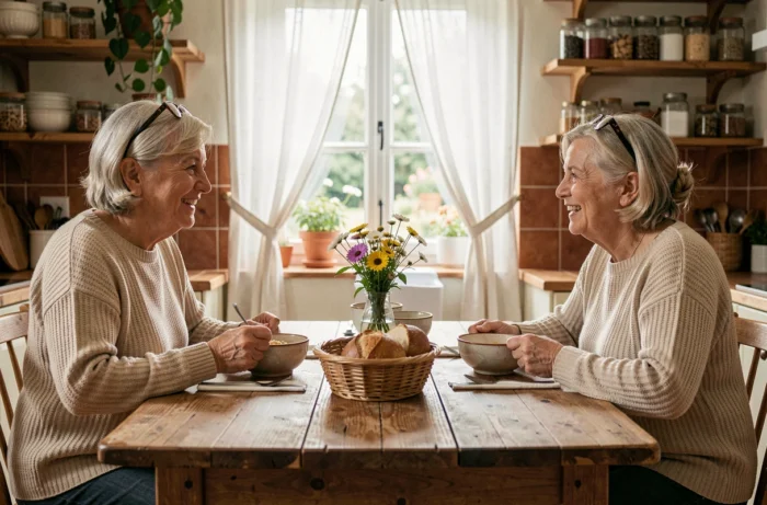 Deux femmes seniors partageant un repas convivial à la maison, moments de vie sociale épanouie à la retraite