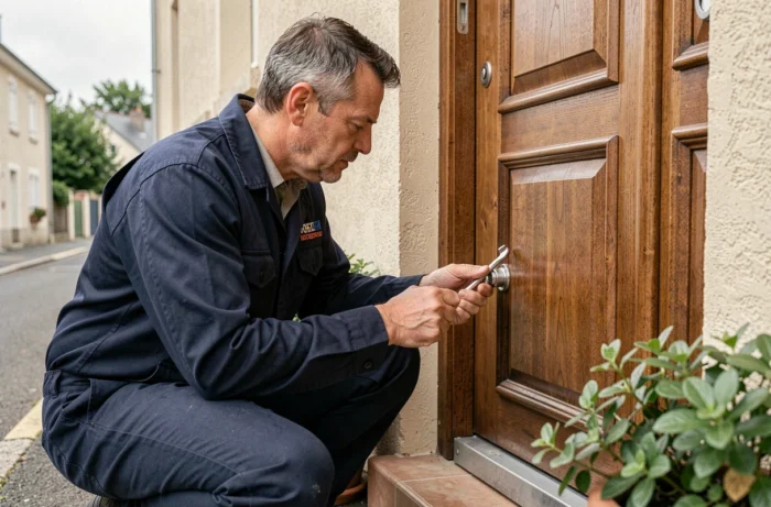 Serrurier professionnel en uniforme travaillant sur la serrure d'une porte d'entrée résidentielle à Aubergenville