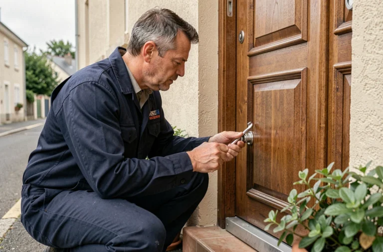Serrurier professionnel en uniforme travaillant sur la serrure d'une porte d'entrée résidentielle à Aubergenville