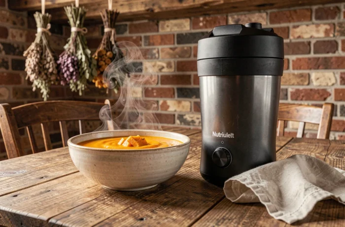 Bol de soupe de courge butternut fumante préparée au NutriBullet chauffant sur une table en bois rustique