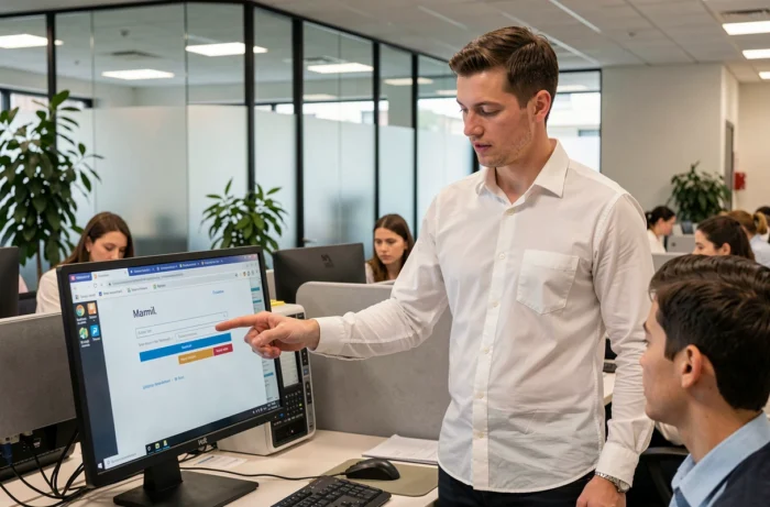 Agent informatique accompagnant un étudiant dans la procédure de connexion à Zimbra dans un bureau universitaire