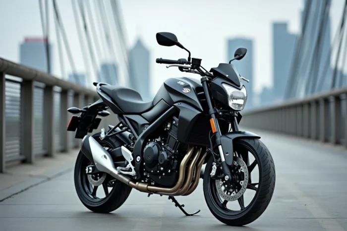 Suzuki GSX-S125 noir et argent sur un pont urbain moderne, vue 3/4 avant avec skyline flou en arrière-plan