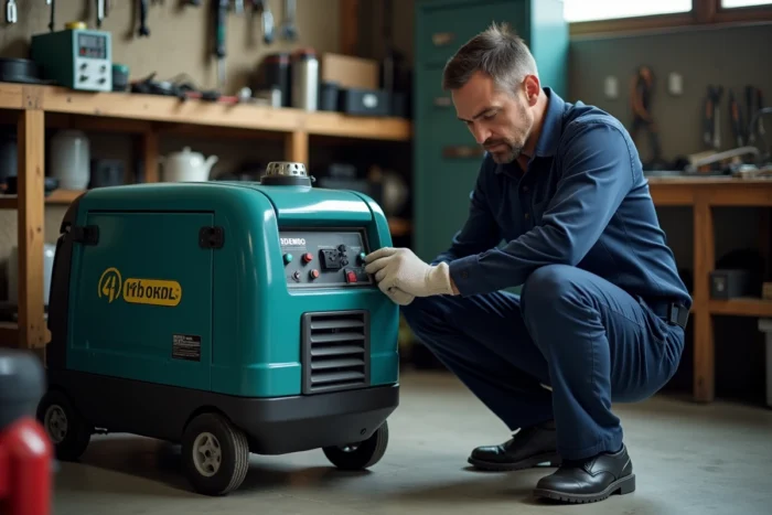 Technicien inspectant le panneau de contrôle du générateur SDMO Phoenix 3000 dans un atelier